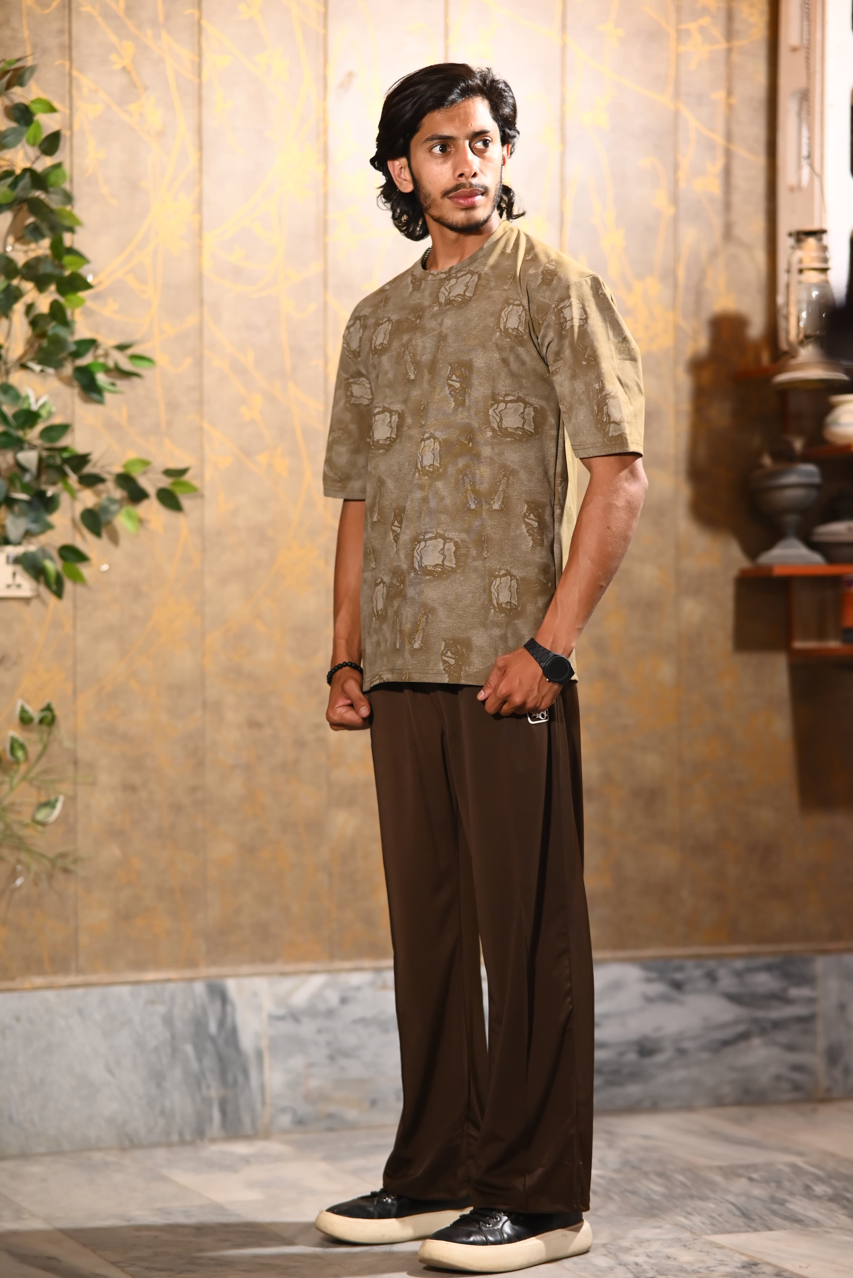 Premium Classic Combo Set — Black Tee + Beige Wide Leg Pants